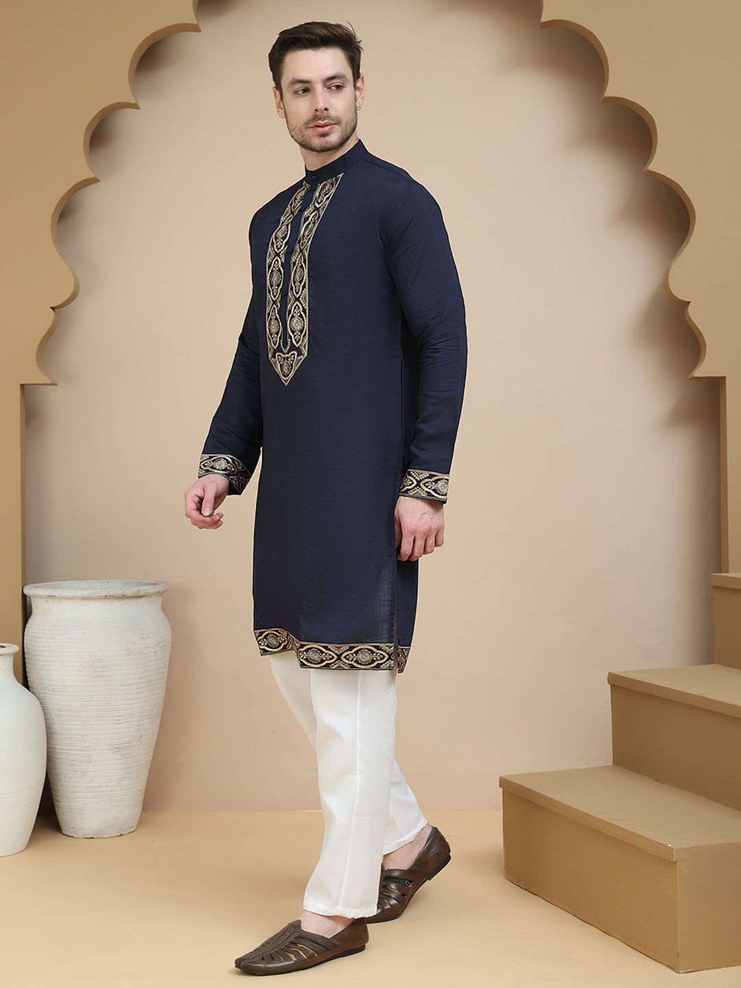 Embroidered Waistcoat and Kurta Pyjama For Men ( JOKPWCS W 5239 Navy )
