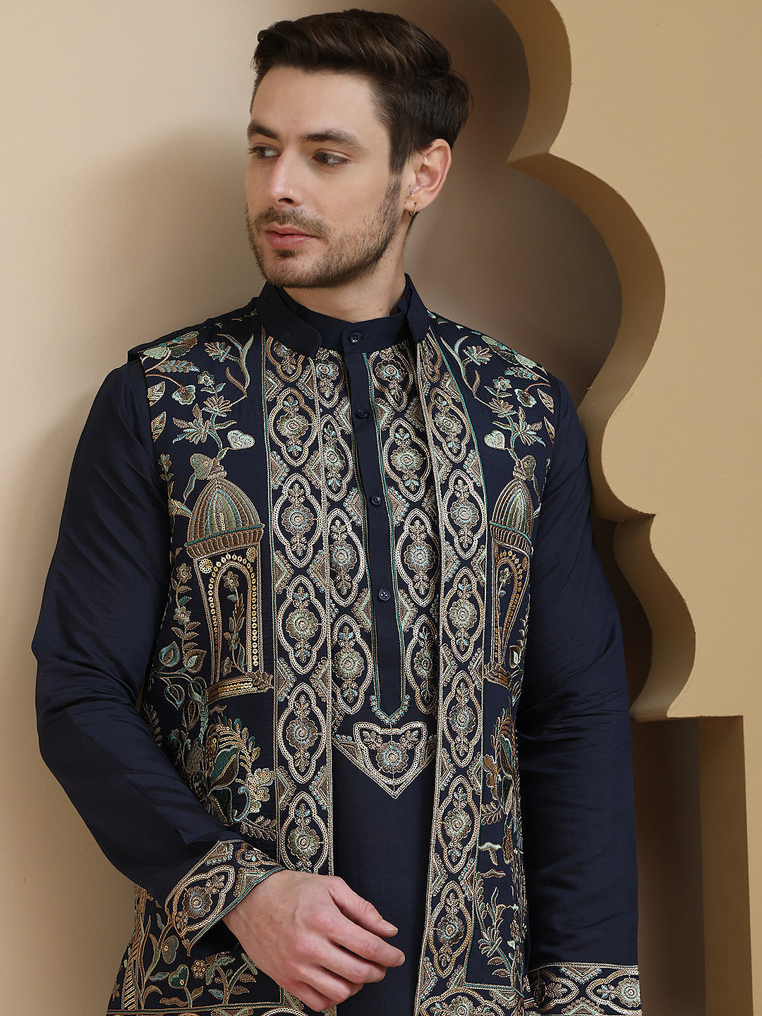 Embroidered Waistcoat and Kurta Pyjama For Men ( JOKPWCS W 5239 Navy )