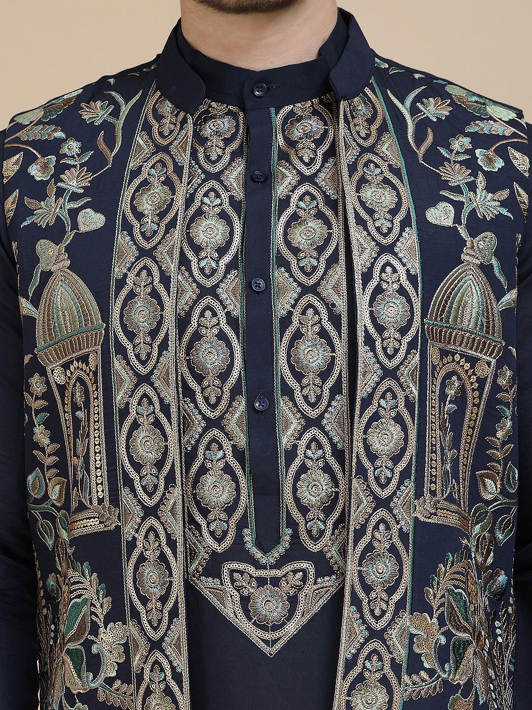 Embroidered Waistcoat and Kurta Pyjama For Men ( JOKPWCS W 5239 Navy )