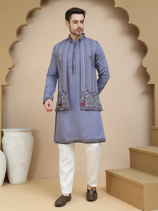 Embroidered Waistcoat and Kurta Pyjama For Men ( JOKPWCS W 5240 Purple )