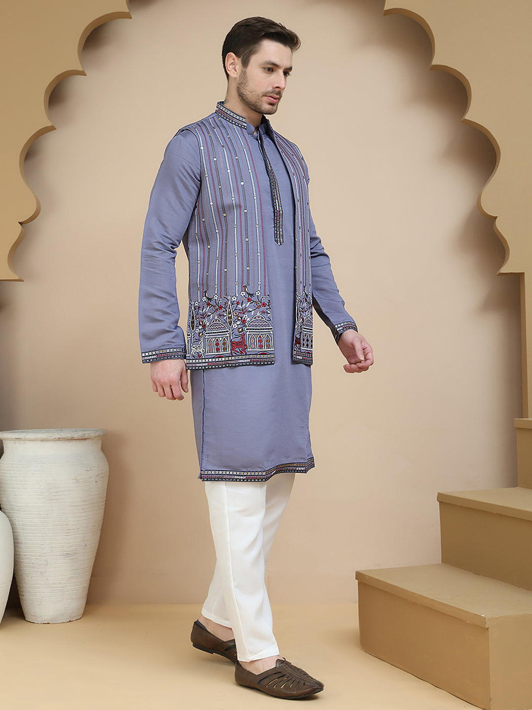 Embroidered Waistcoat and Kurta Pyjama For Men ( JOKPWCS W 5240 Purple )