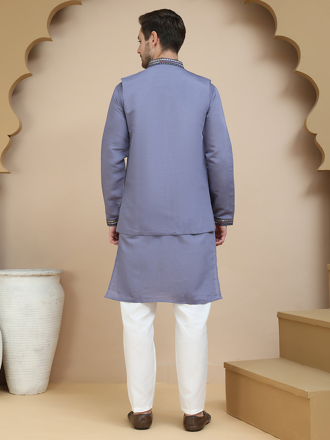 Embroidered Waistcoat and Kurta Pyjama For Men ( JOKPWCS W 5240 Purple )