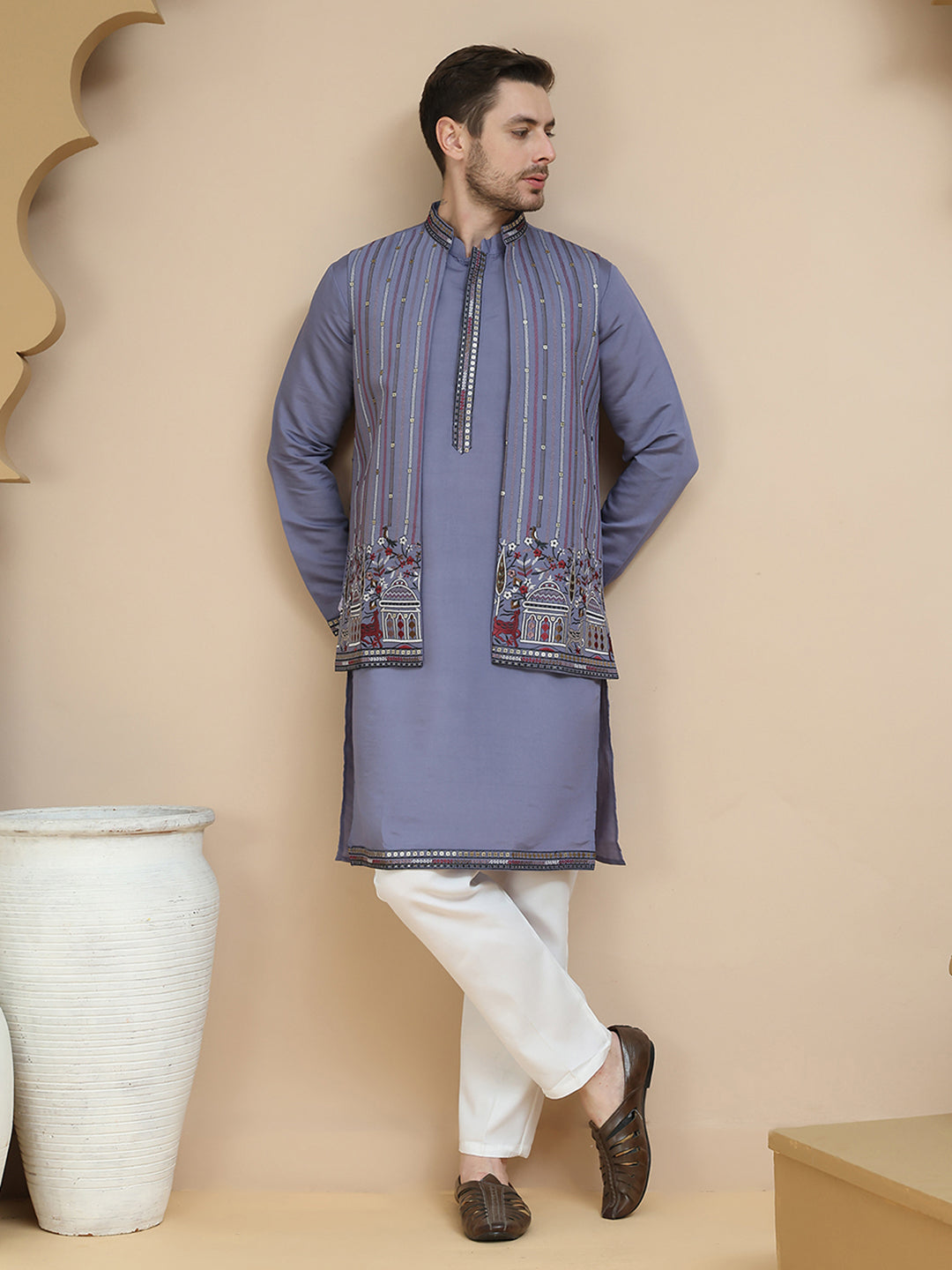 Embroidered Waistcoat and Kurta Pyjama For Men ( JOKPWCS W 5240 Purple )