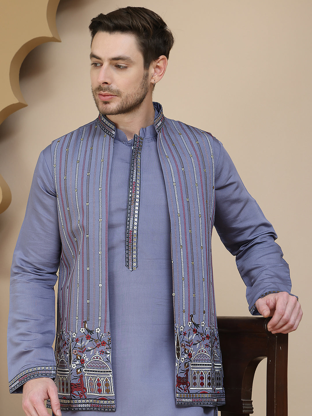 Embroidered Waistcoat and Kurta Pyjama For Men ( JOKPWCS W 5240 Purple )