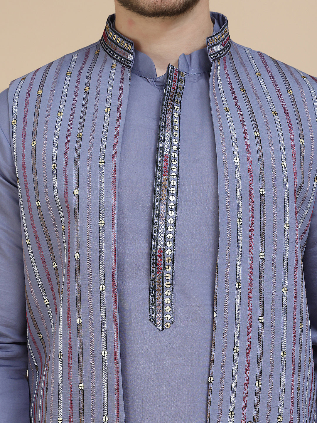 Embroidered Waistcoat and Kurta Pyjama For Men ( JOKPWCS W 5240 Purple )