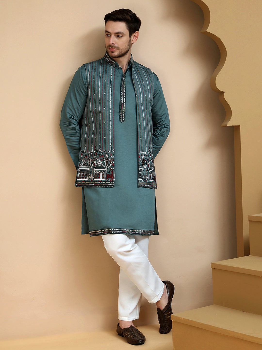 Embroidered Waistcoat and Kurta Pyjama For Men ( JOKPWCS W 5240 Teal )