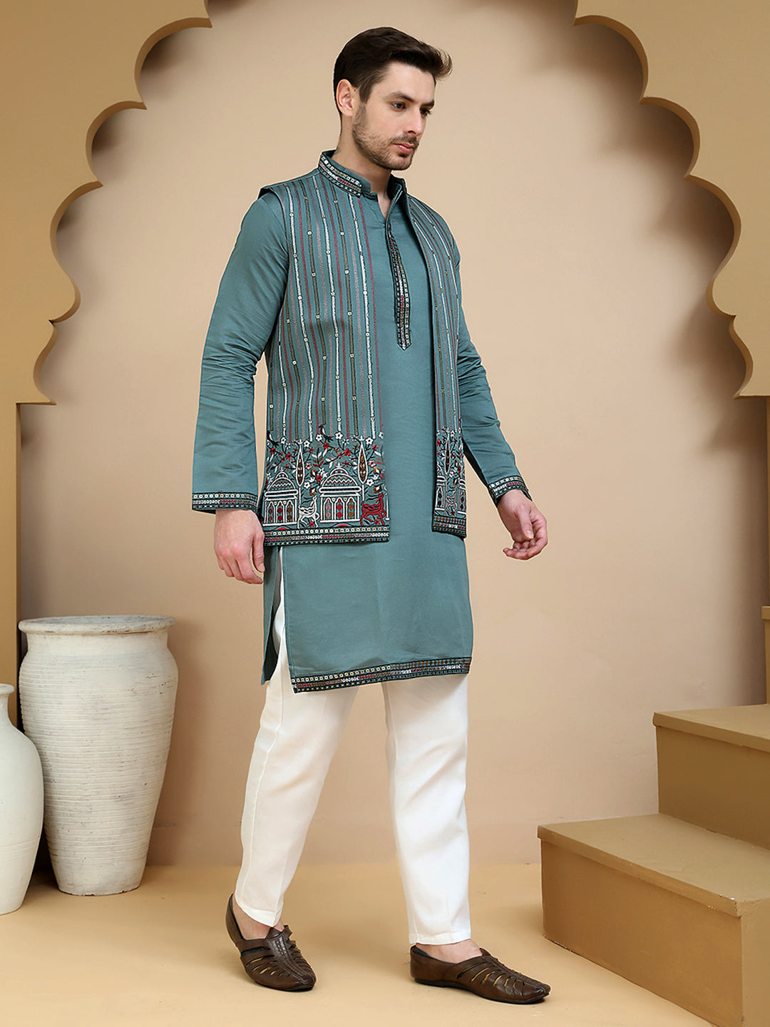 Embroidered Waistcoat and Kurta Pyjama For Men ( JOKPWCS W 5240 Teal )