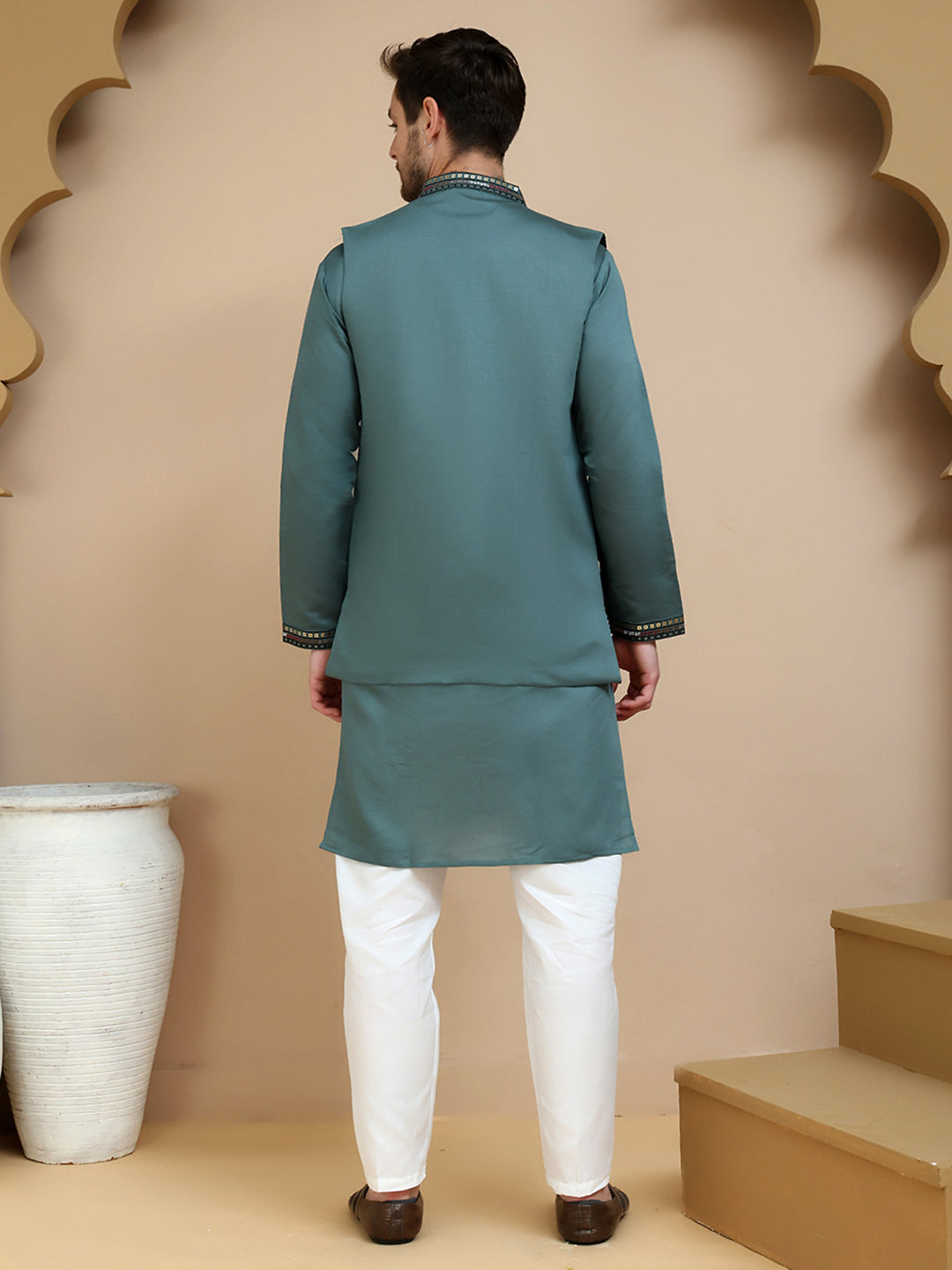 Embroidered Waistcoat and Kurta Pyjama For Men ( JOKPWCS W 5240 Teal )