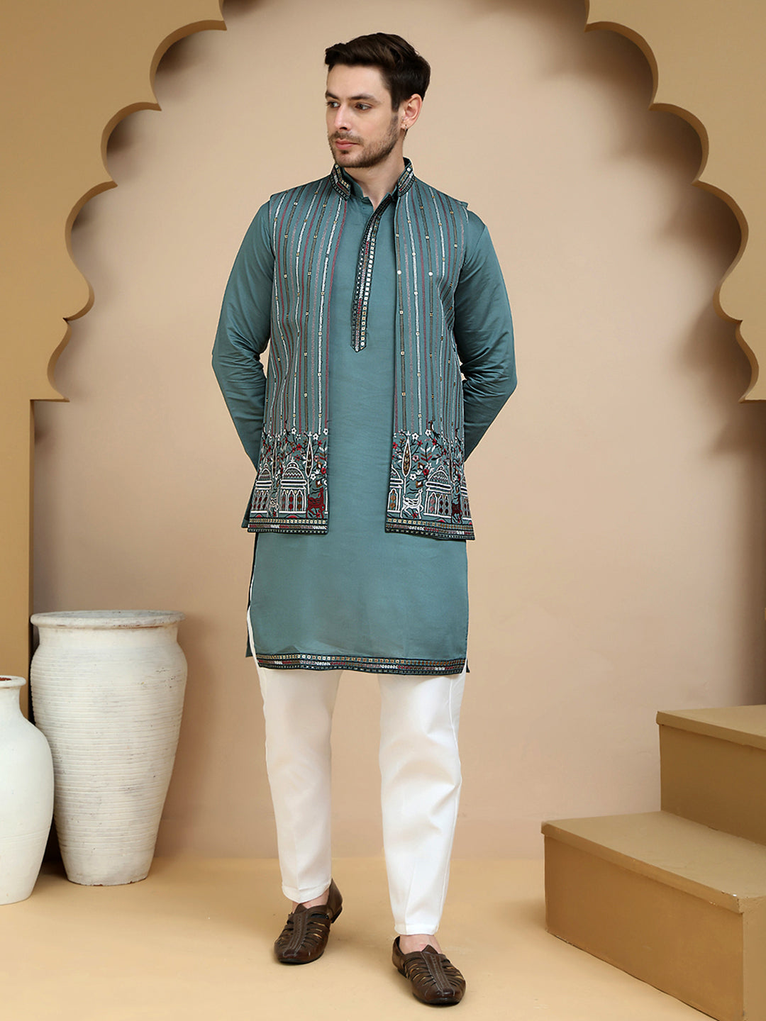 Embroidered Waistcoat and Kurta Pyjama For Men ( JOKPWCS W 5240 Teal )