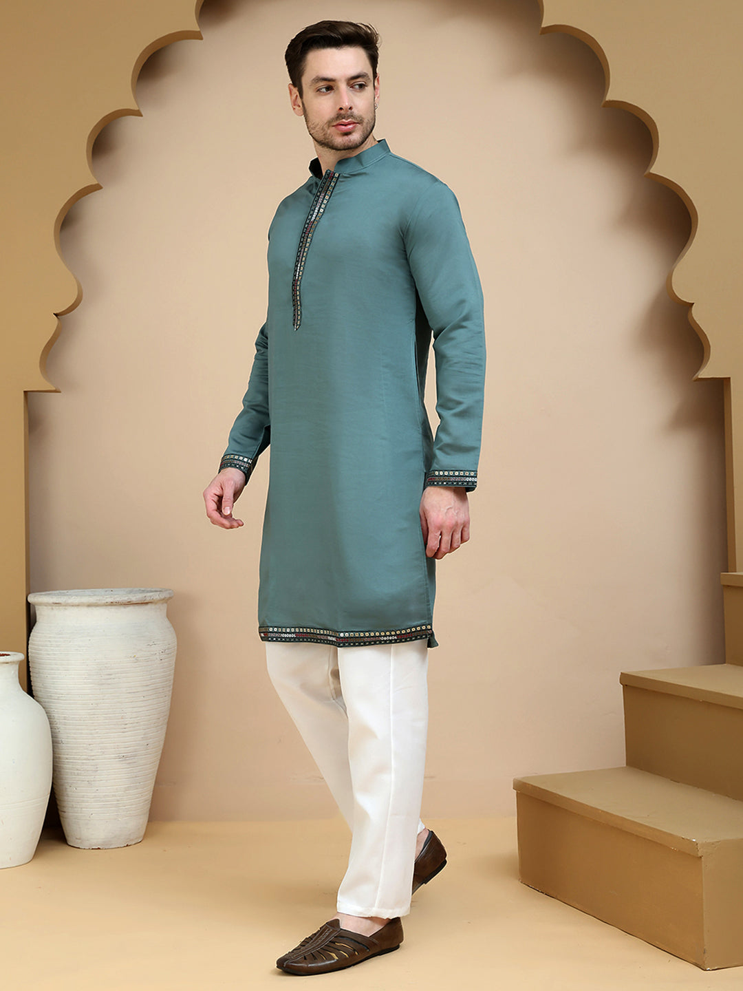 Embroidered Waistcoat and Kurta Pyjama For Men ( JOKPWCS W 5240 Teal )