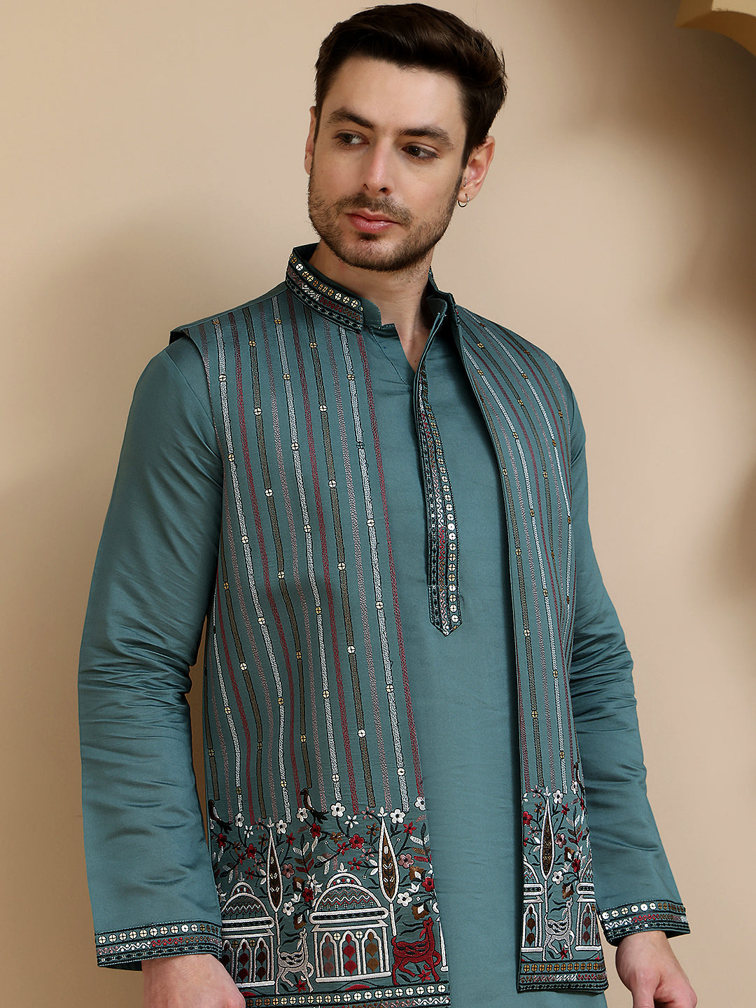 Embroidered Waistcoat and Kurta Pyjama For Men ( JOKPWCS W 5240 Teal )