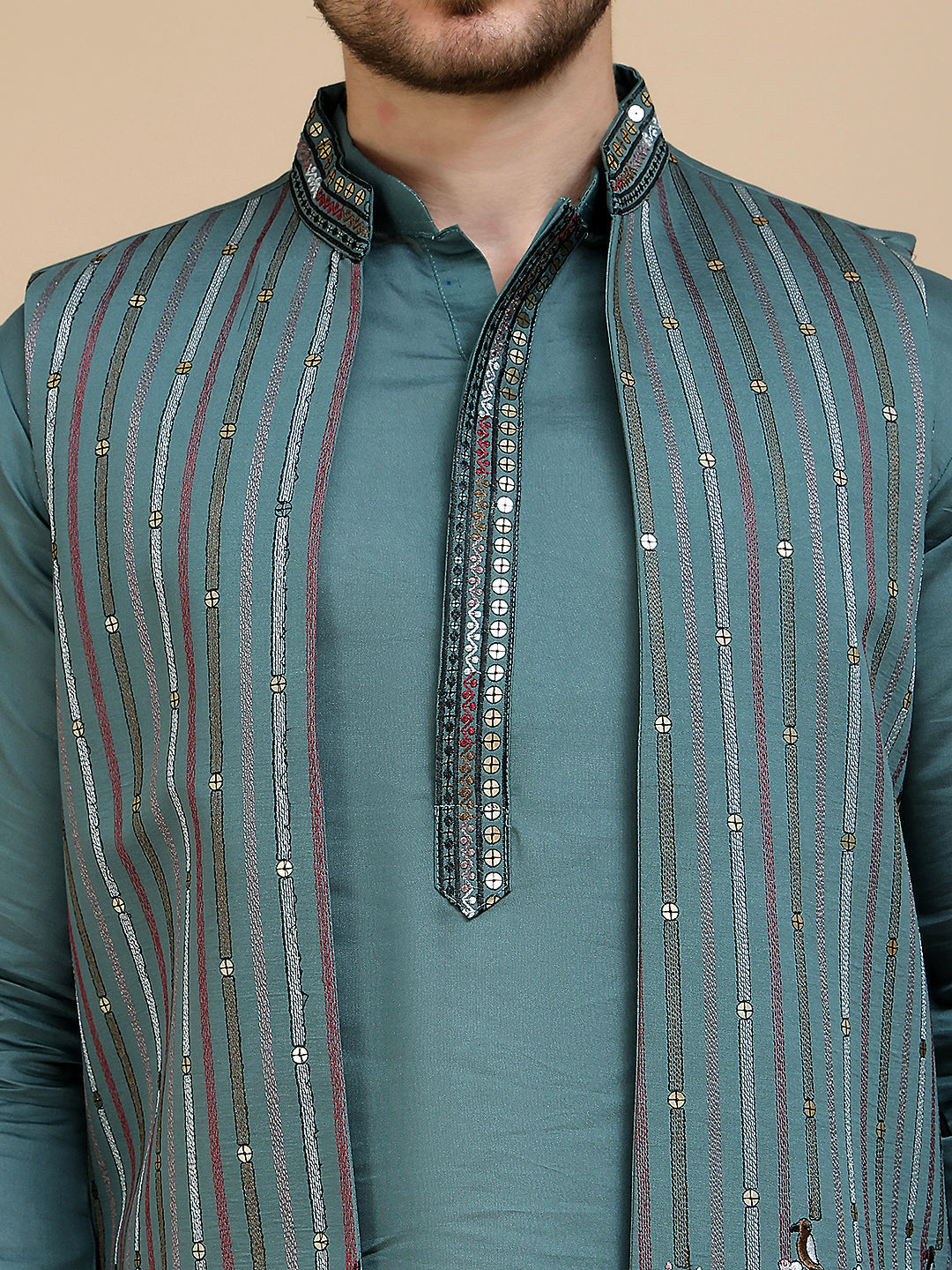 Embroidered Waistcoat and Kurta Pyjama For Men ( JOKPWCS W 5240 Teal )