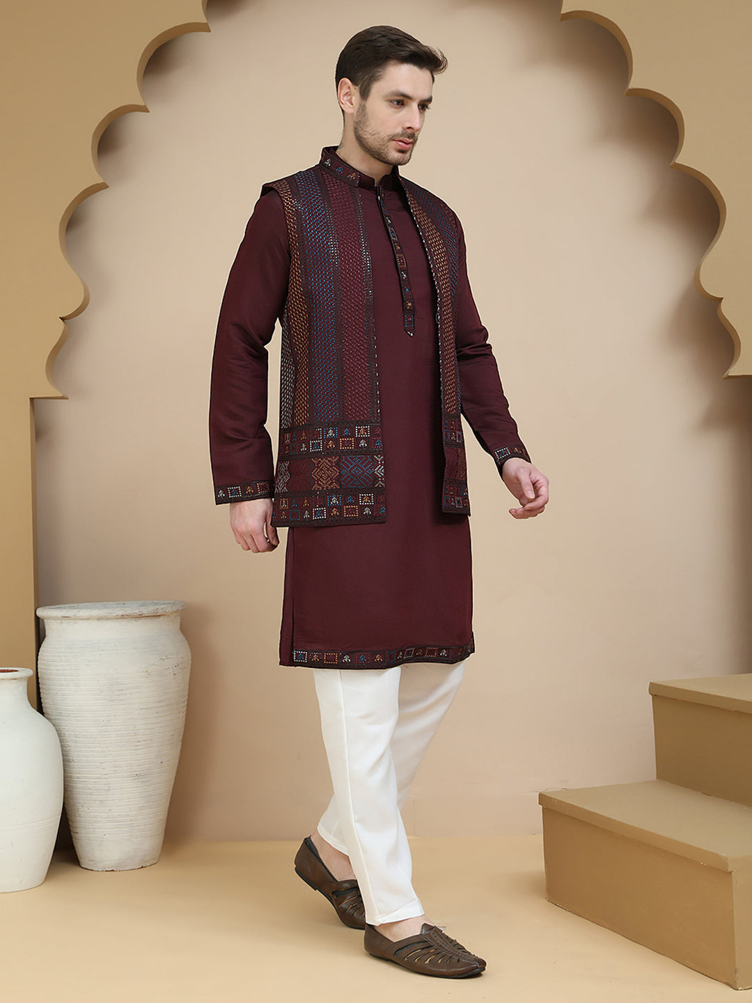 Embroidered Waistcoat and Kurta Pyjama For Men ( JOKPWCS W 5241 Maroon )