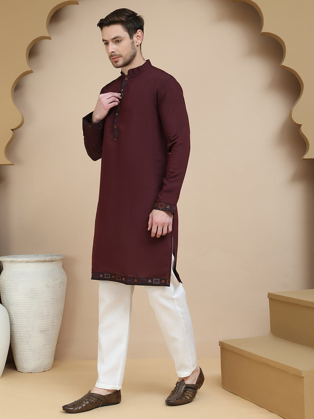 Embroidered Waistcoat and Kurta Pyjama For Men ( JOKPWCS W 5241 Maroon )