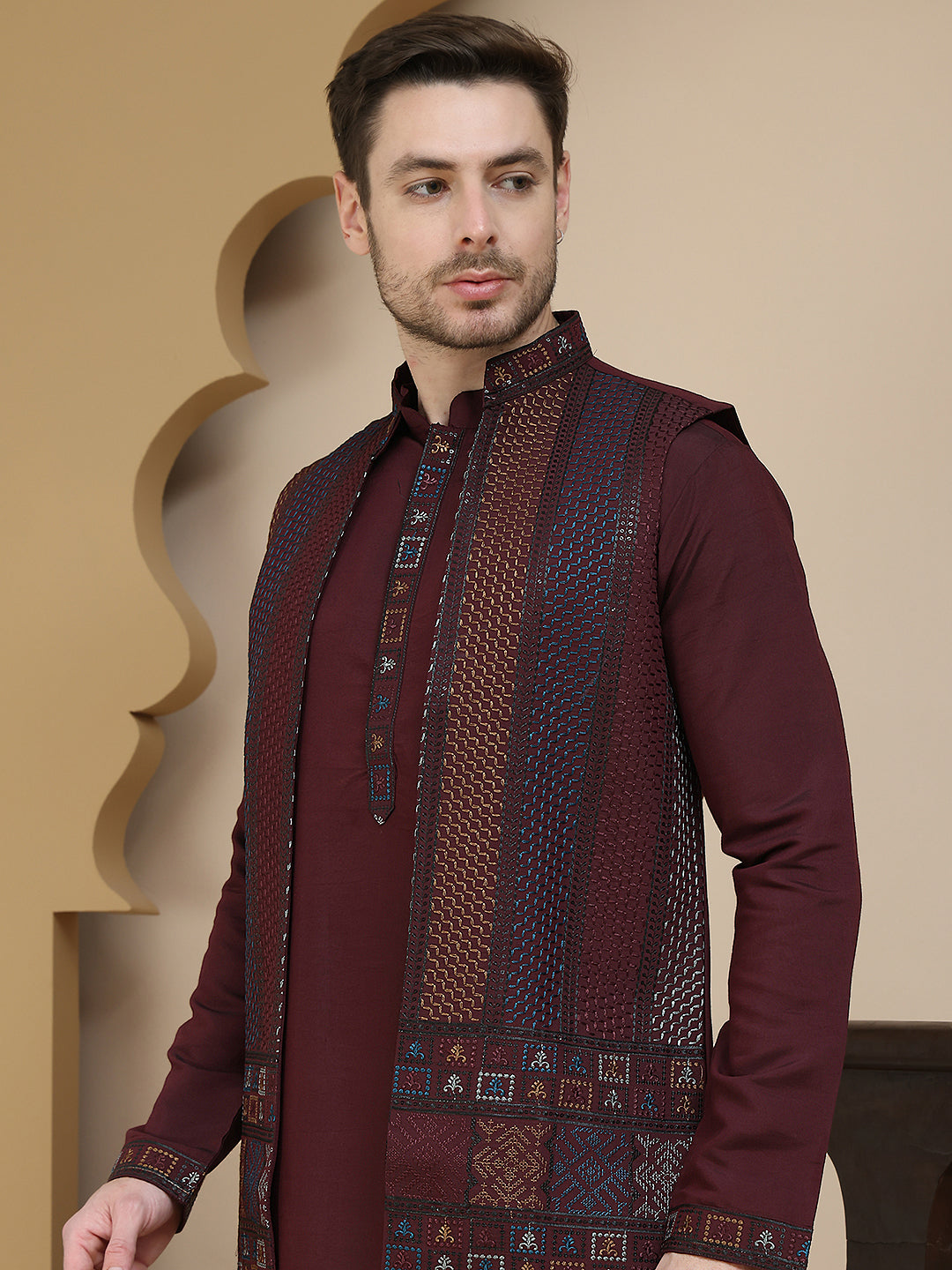 Embroidered Waistcoat and Kurta Pyjama For Men ( JOKPWCS W 5241 Maroon )