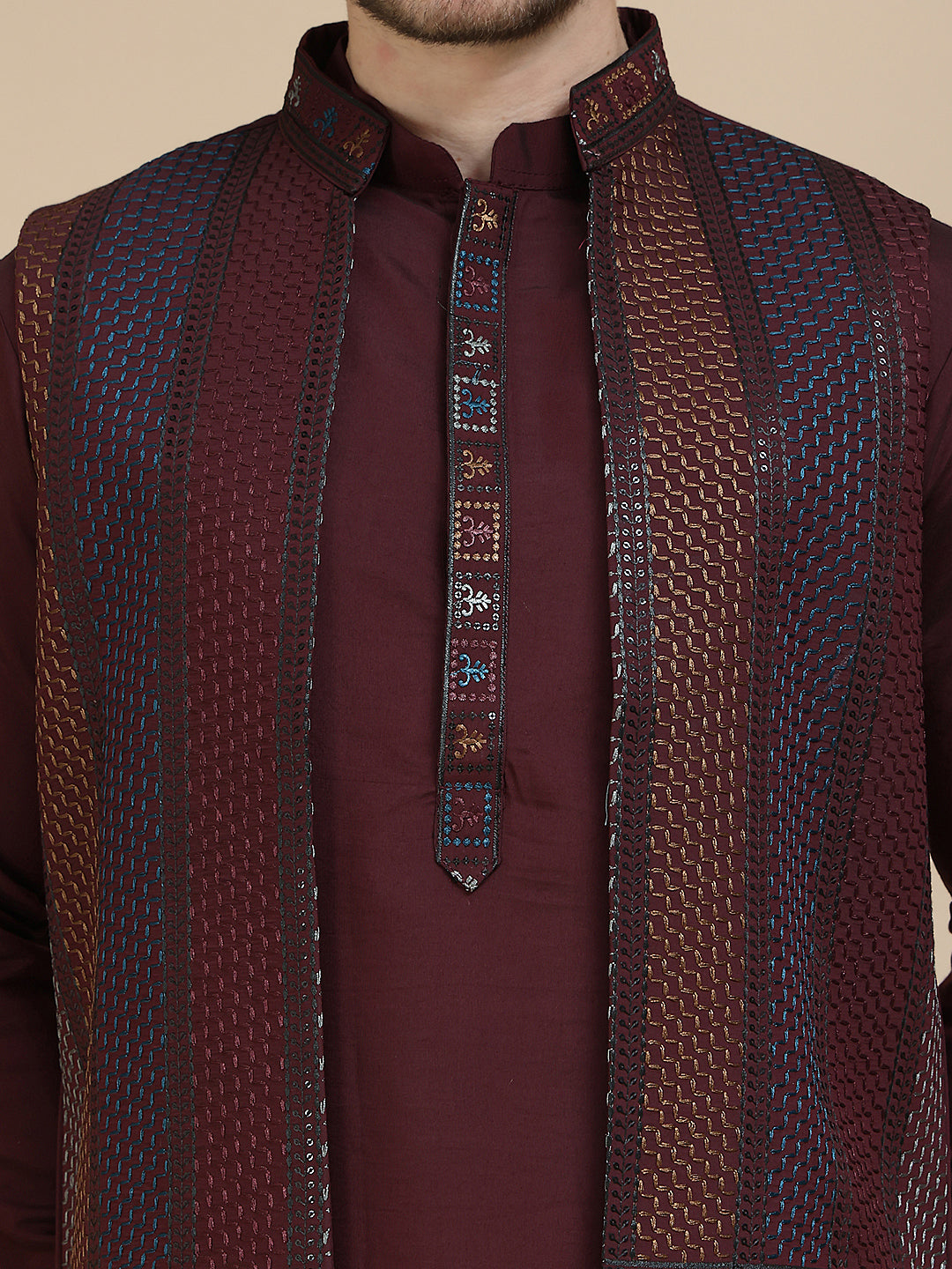 Embroidered Waistcoat and Kurta Pyjama For Men ( JOKPWCS W 5241 Maroon )