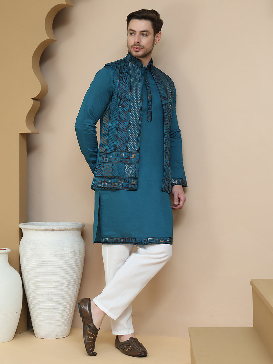 Embroidered Waistcoat and Kurta Pyjama For Men ( JOKPWCS W 5241 Peacock )