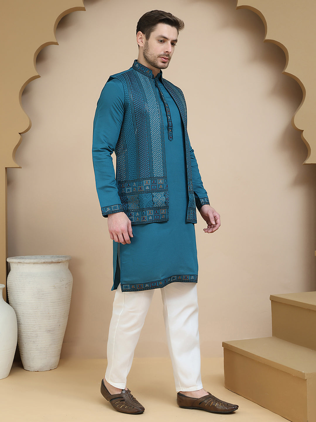 Embroidered Waistcoat and Kurta Pyjama For Men ( JOKPWCS W 5241 Peacock )