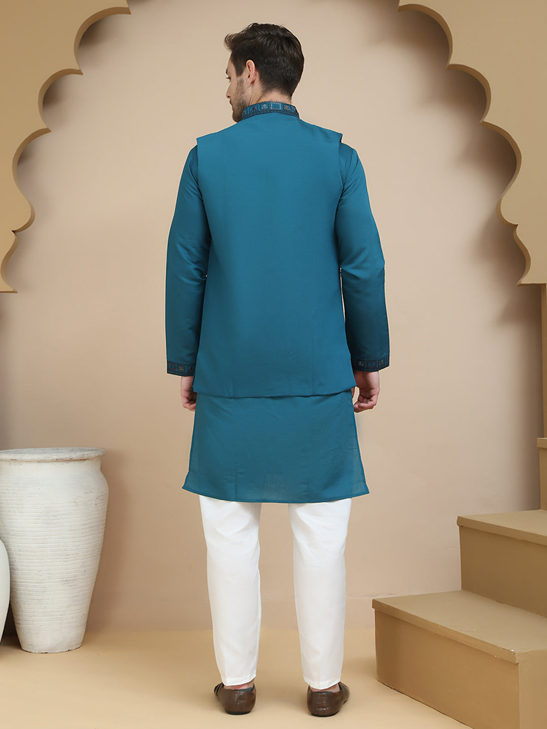 Embroidered Waistcoat and Kurta Pyjama For Men ( JOKPWCS W 5241 Peacock )