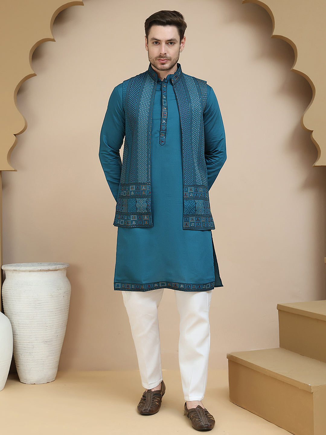 Embroidered Waistcoat and Kurta Pyjama For Men ( JOKPWCS W 5241 Peacock )