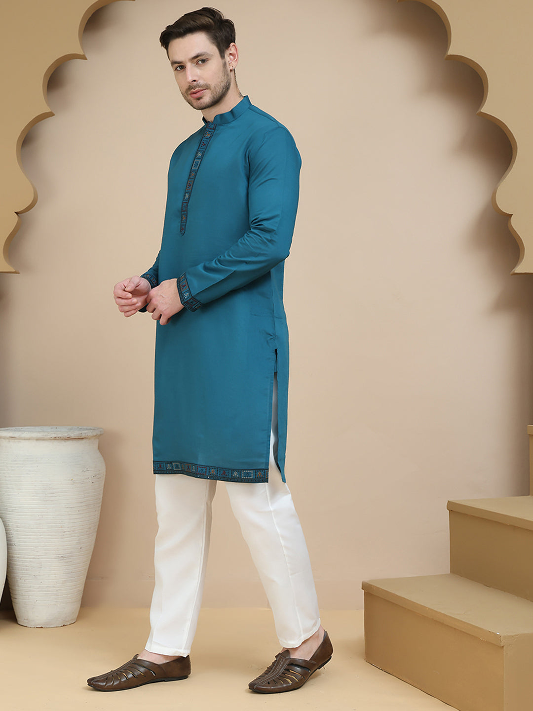 Embroidered Waistcoat and Kurta Pyjama For Men ( JOKPWCS W 5241 Peacock )