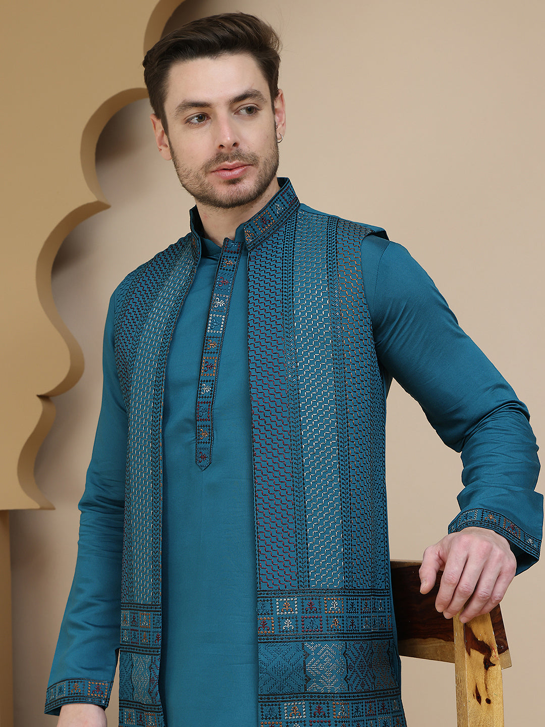Embroidered Waistcoat and Kurta Pyjama For Men ( JOKPWCS W 5241 Peacock )