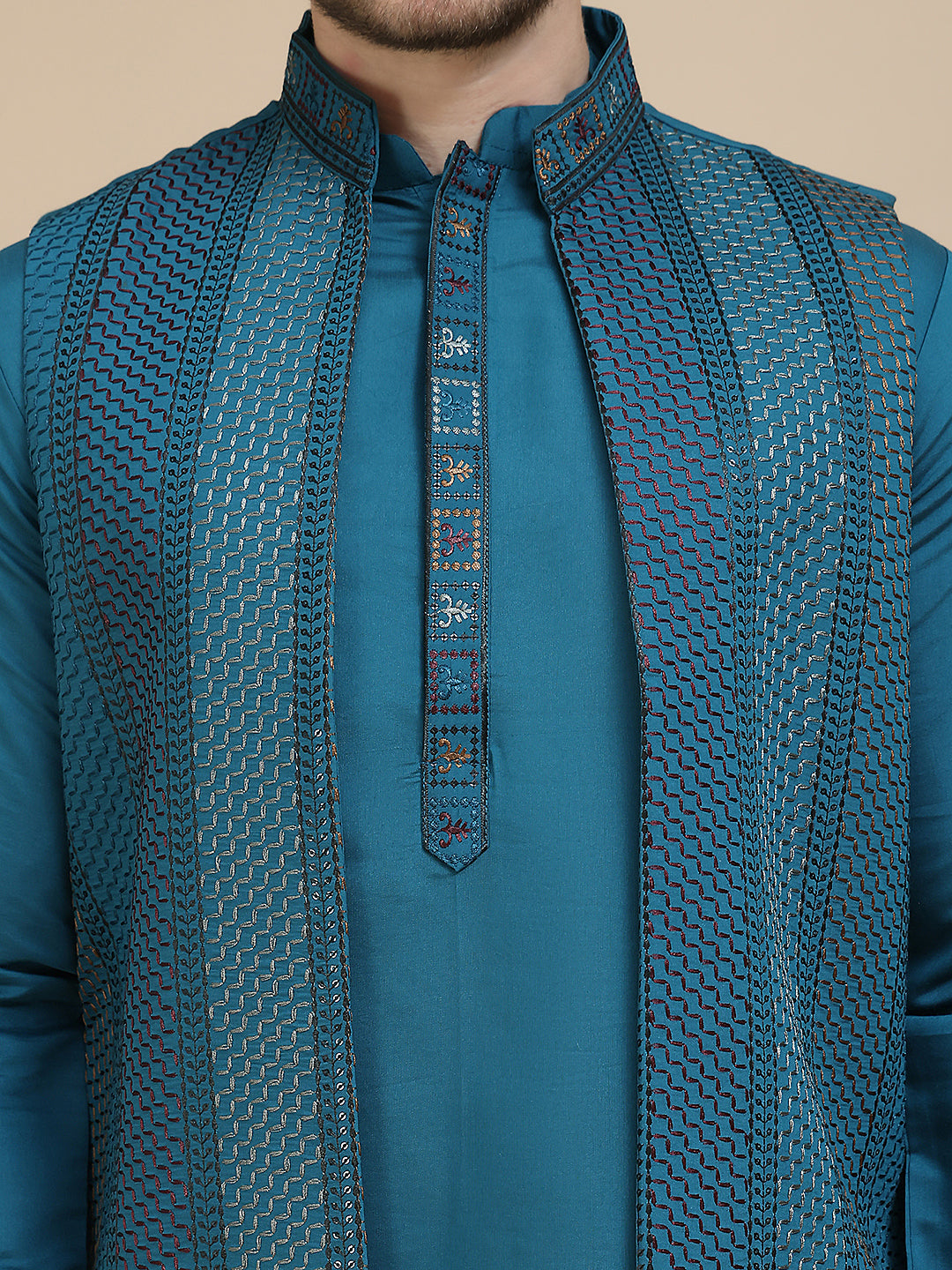Embroidered Waistcoat and Kurta Pyjama For Men ( JOKPWCS W 5241 Peacock )