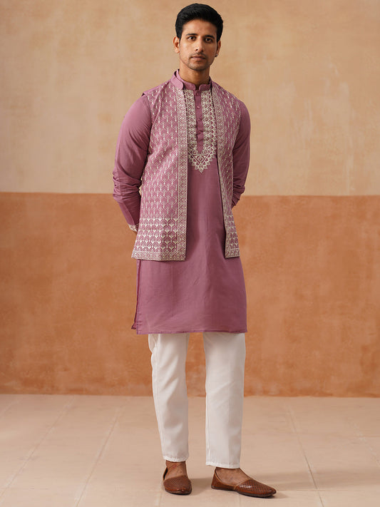 Classic Magenta Kurta Pyjama With Embroidered Waistcoat ( JOKPWCS 5262 Magenta )