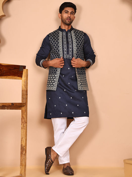 Classic Magenta Kurta Pyjama With Embroidered Waistcoat ( JOKPWCS 5262 Navy ) [FF] [N-9-11]