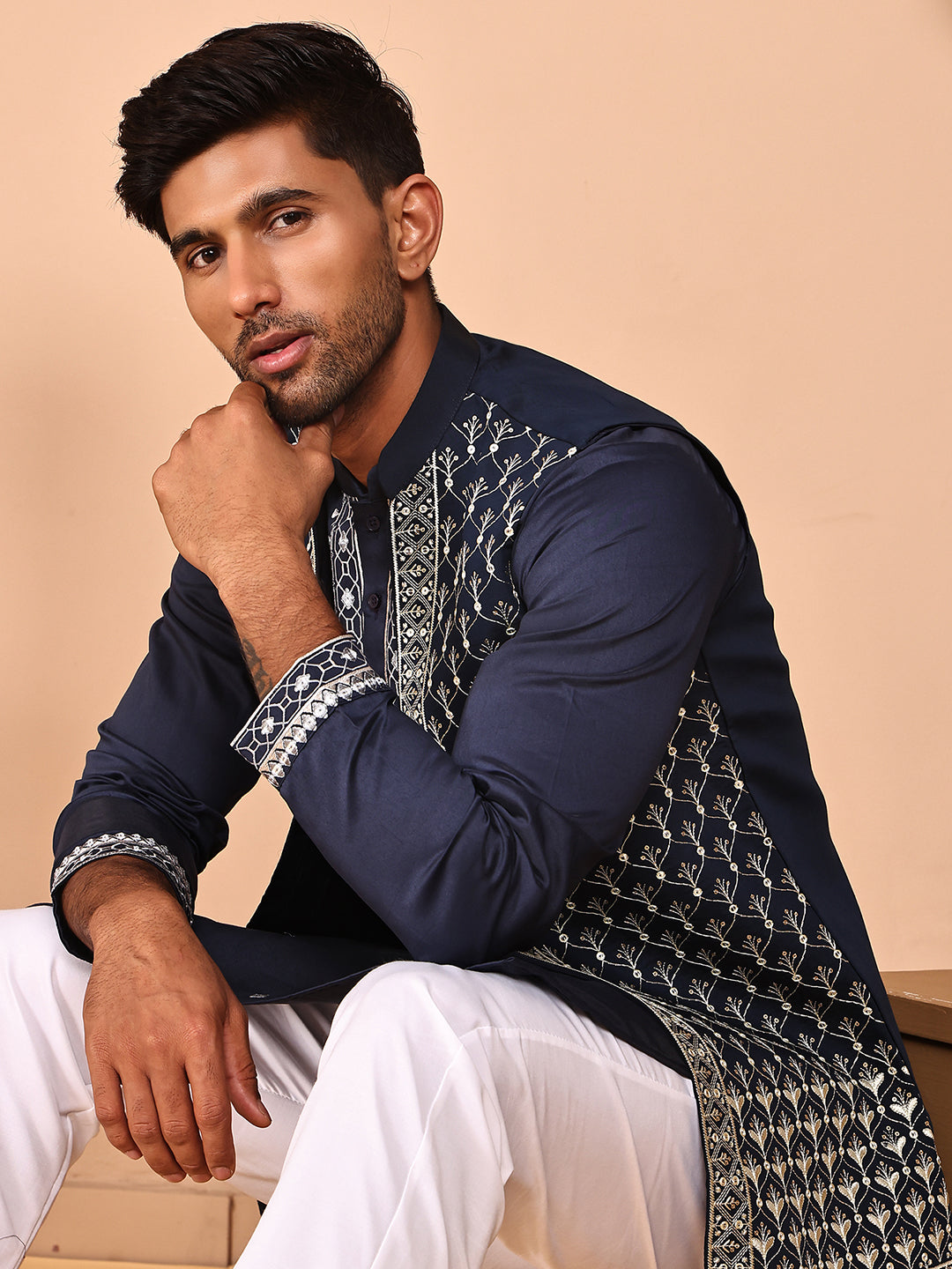Classic Magenta Kurta Pyjama With Embroidered Waistcoat ( JOKPWCS 5262 Navy ) [FF] [N-9-11]