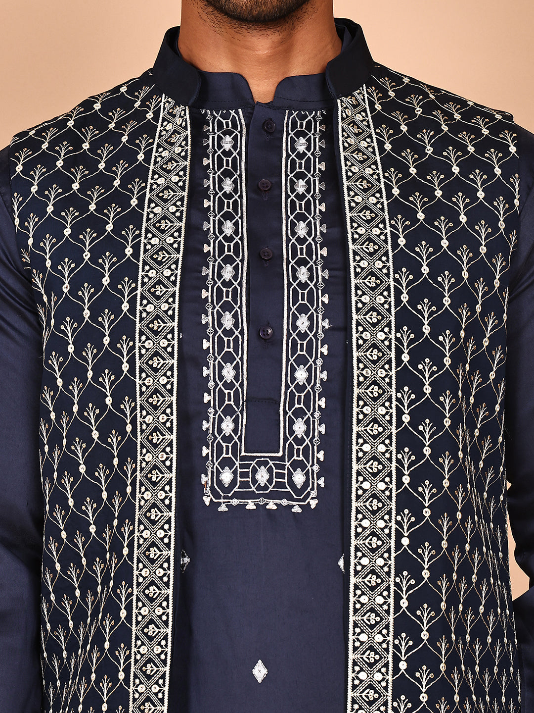 Classic Magenta Kurta Pyjama With Embroidered Waistcoat ( JOKPWCS 5262 Navy ) [FF] [N-9-11]