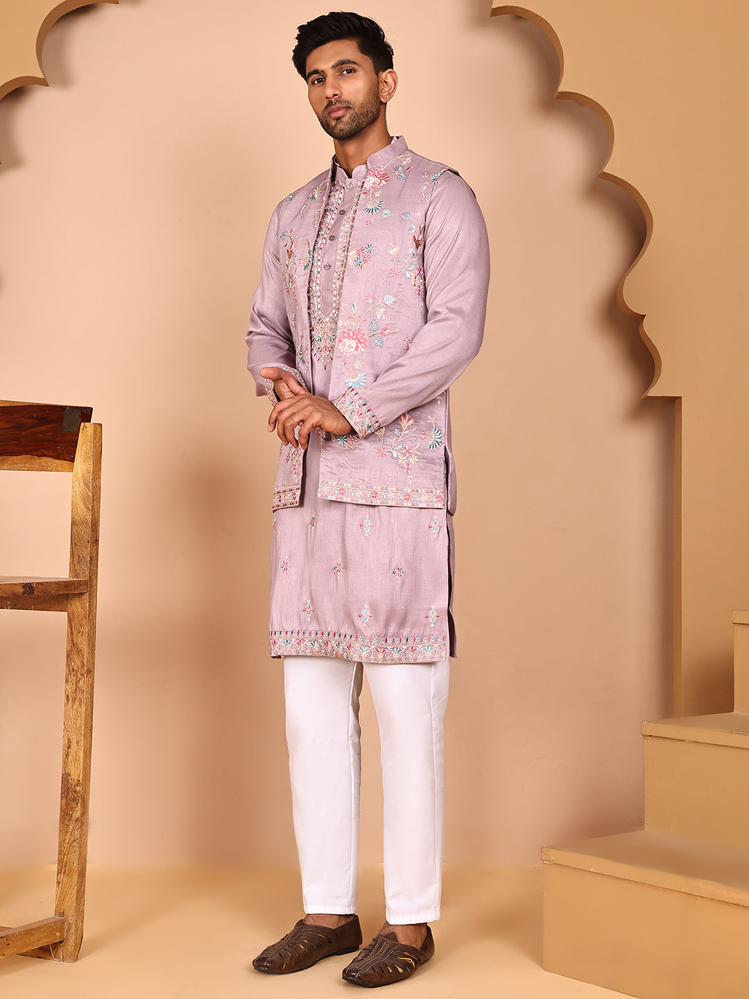 Ethnic Kurta Set with Multicolor Embroidery Jacket (JOKPWCS 5275 Purple ) [FF] [H-7]