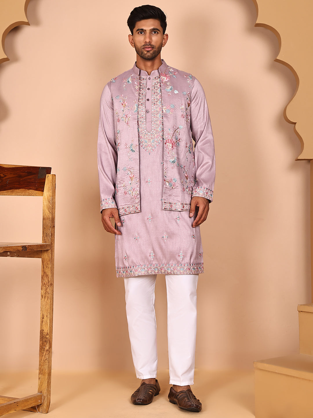 Ethnic Kurta Set with Multicolor Embroidery Jacket (JOKPWCS 5275 Purple ) [FF] [H-7]