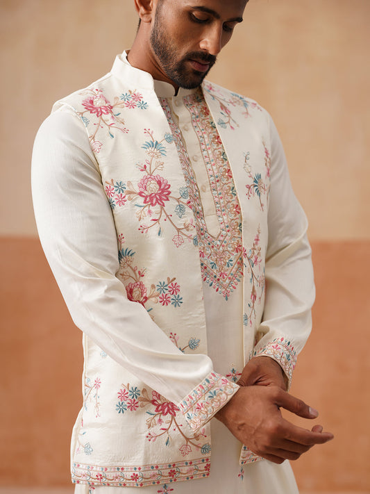 Ethnic Kurta Set with Multicolor Embroidery Jacket ( JOKPWCS 5275 White )