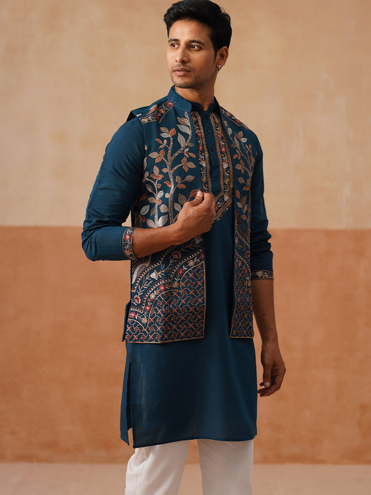 Elegant Leaf Embroidered Waistcoat with Kurta Pyjama ( JOKPWCS 5276 Peacock )