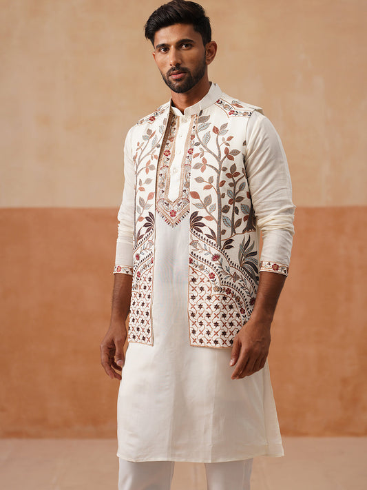 Elegant Leaf Embroidered Waistcoat with Kurta Pyjama ( JOKPWCS 5276 White )