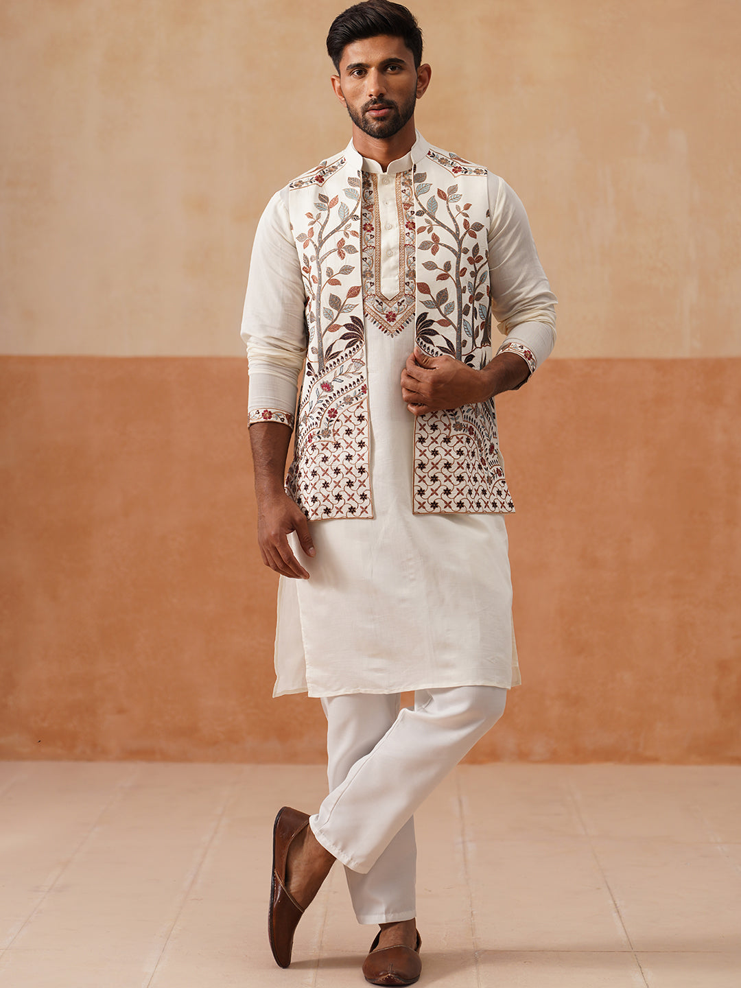 Elegant Leaf Embroidered Waistcoat with Kurta Pyjama ( JOKPWCS 5276 White )