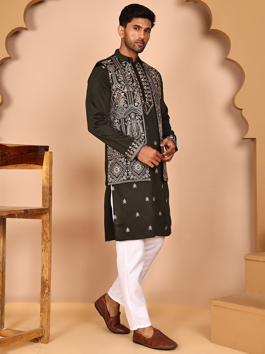 Embroidered Jacket with Classic Olive Kurta Set ( JOKPWCS 5277 Olive ) [FF] [F-4-5]
