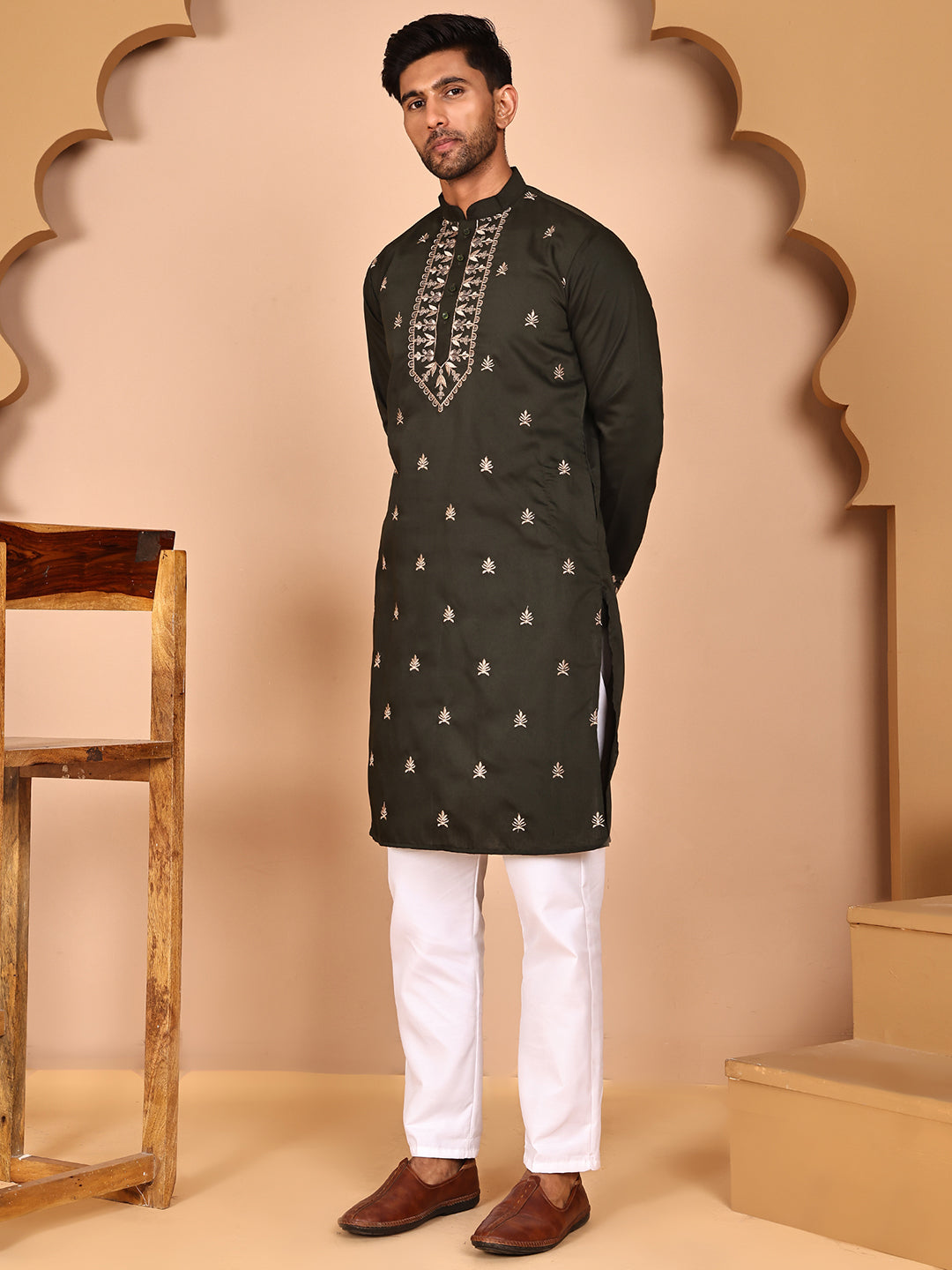 Embroidered Jacket with Classic Olive Kurta Set ( JOKPWCS 5277 Olive ) [FF] [F-4-5]