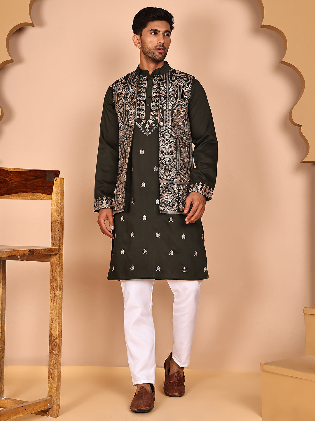 Embroidered Jacket with Classic Olive Kurta Set ( JOKPWCS 5277 Olive ) [FF] [F-4-5]