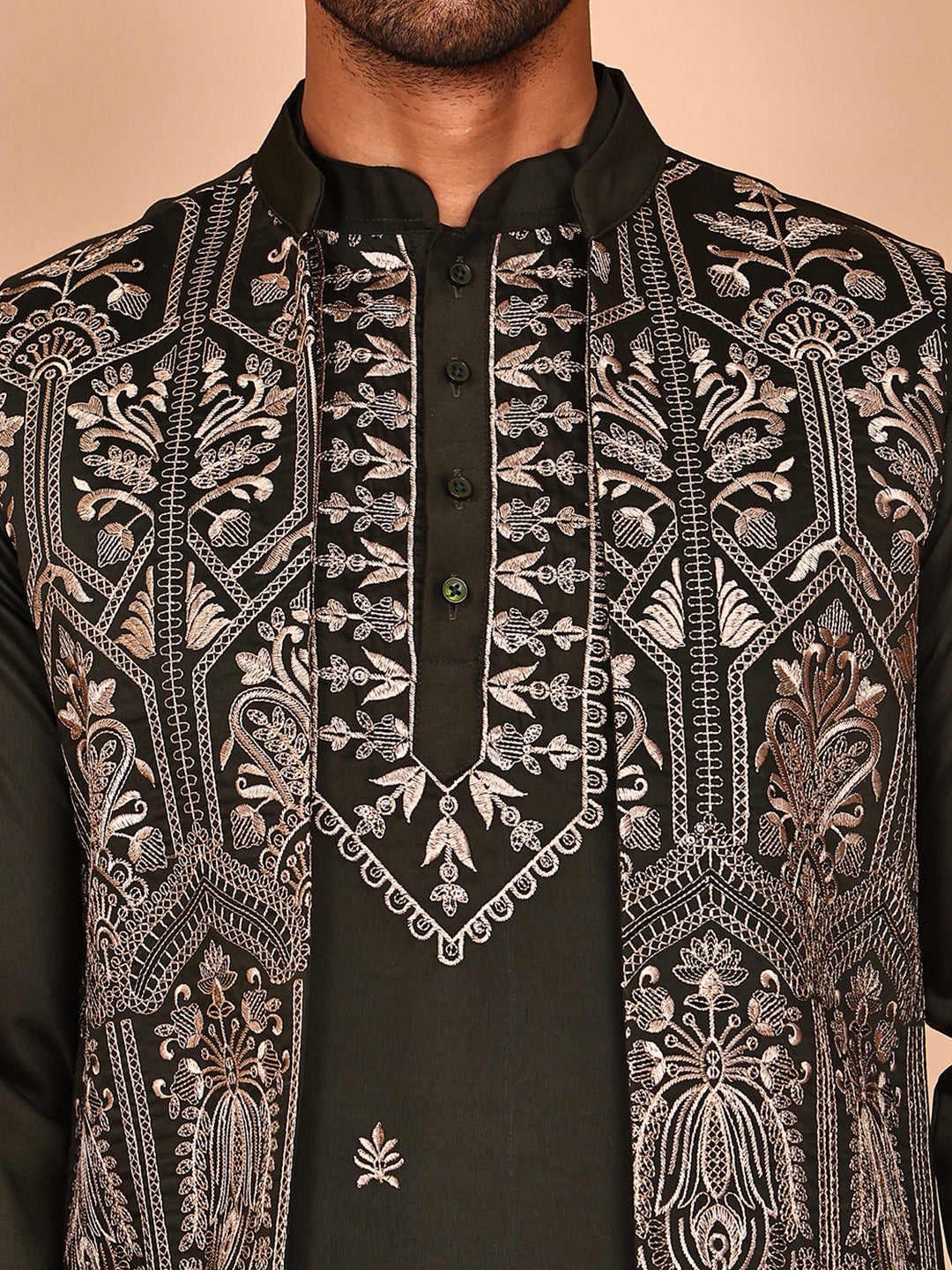 Embroidered Jacket with Classic Olive Kurta Set ( JOKPWCS 5277 Olive ) [FF] [F-4-5]