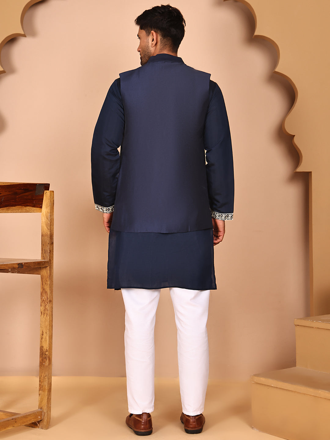 Navy Blue Kurta Set with Floral Embroidered Waistcoat ( JOKPWCS 5278 Navy ) [FF] [I-1]