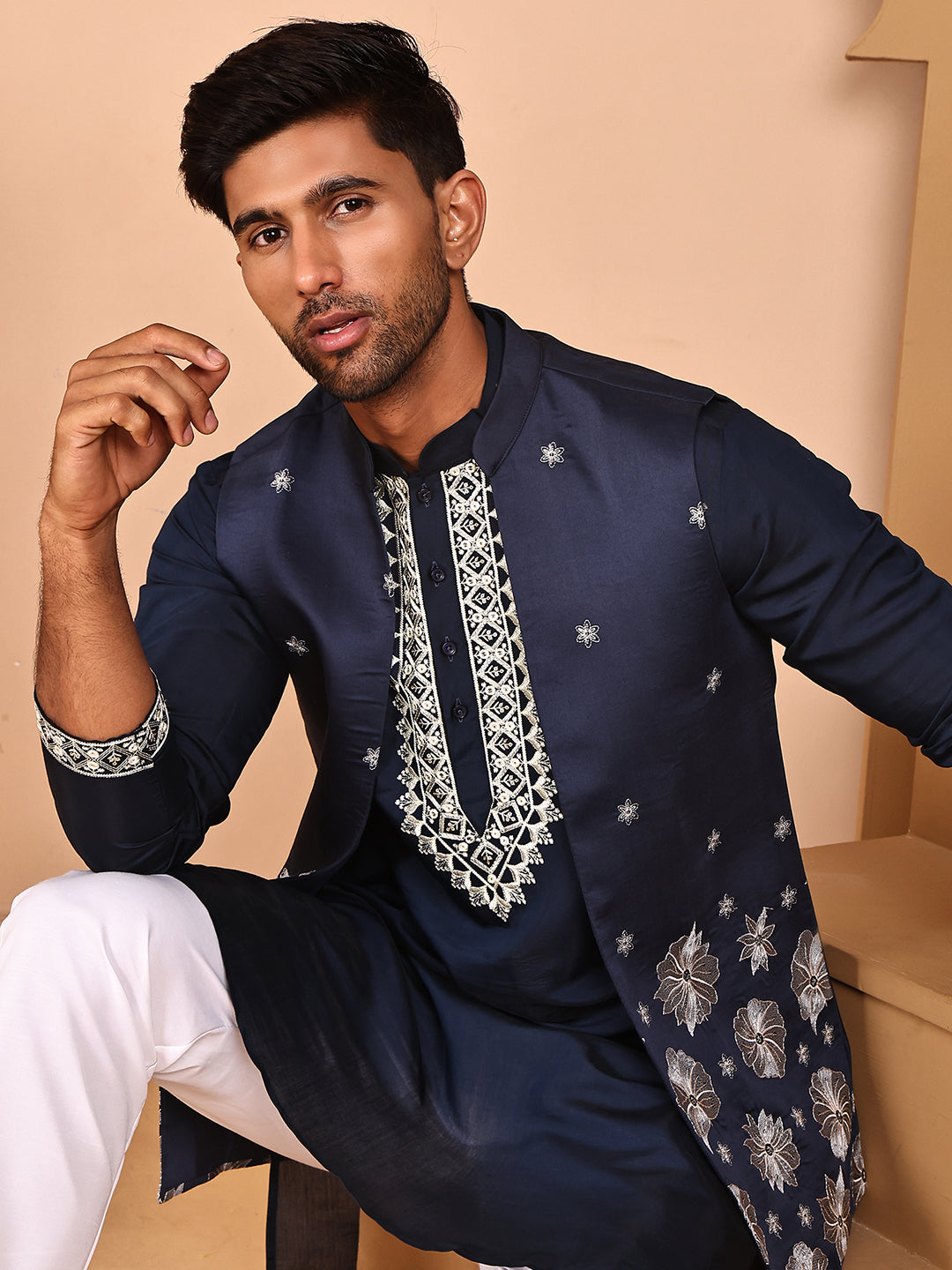 Navy Blue Kurta Set with Floral Embroidered Waistcoat ( JOKPWCS 5278 Navy ) [FF] [I-1]