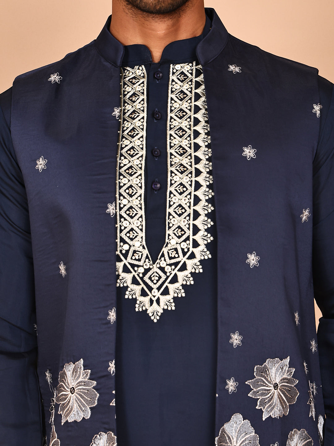 Navy Blue Kurta Set with Floral Embroidered Waistcoat ( JOKPWCS 5278 Navy ) [FF] [I-1]