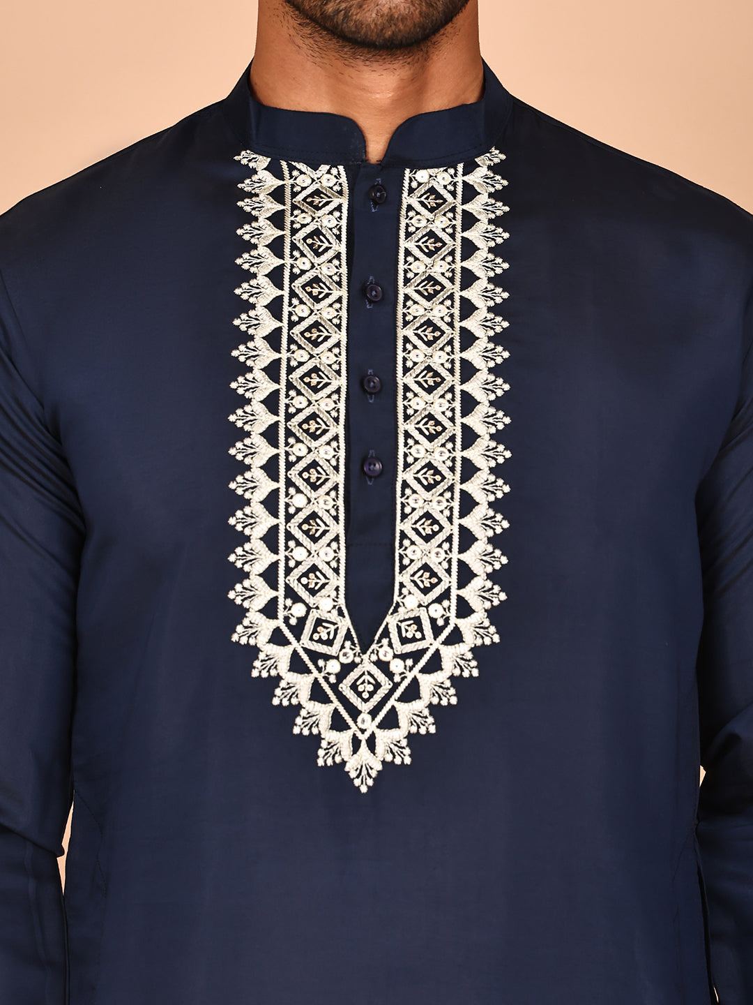 Navy Blue Kurta Set with Floral Embroidered Waistcoat ( JOKPWCS 5278 Navy ) [FF] [I-1]