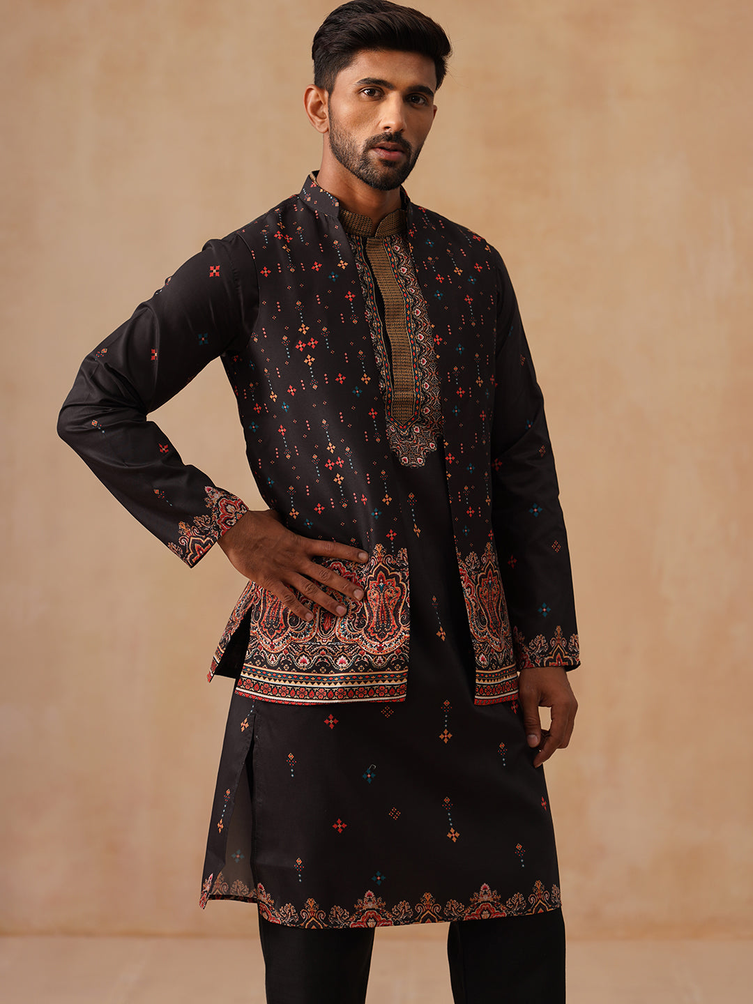 Printed Silk Blend Kurta with Matching Printed Waistcoat Set ( JOKPWCS 5301 Black ) [FF] [P-7-8]