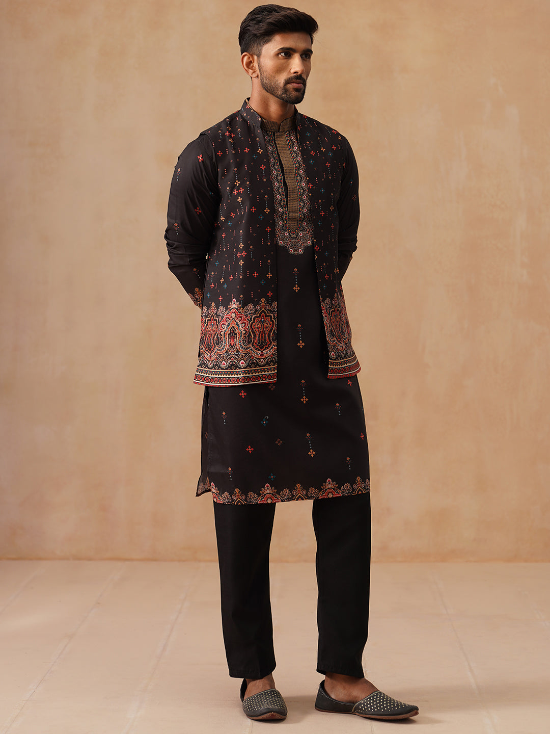 Printed Silk Blend Kurta with Matching Printed Waistcoat Set ( JOKPWCS 5301 Black ) [FF] [P-7-8]