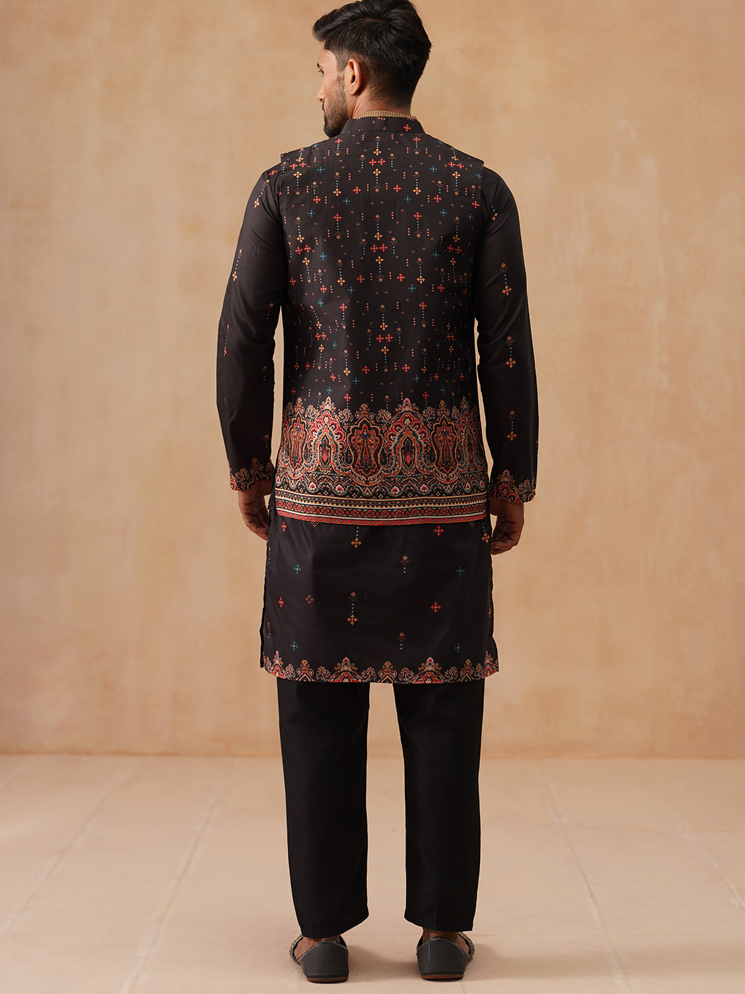Printed Silk Blend Kurta with Matching Printed Waistcoat Set ( JOKPWCS 5301 Black ) [FF] [P-7-8]