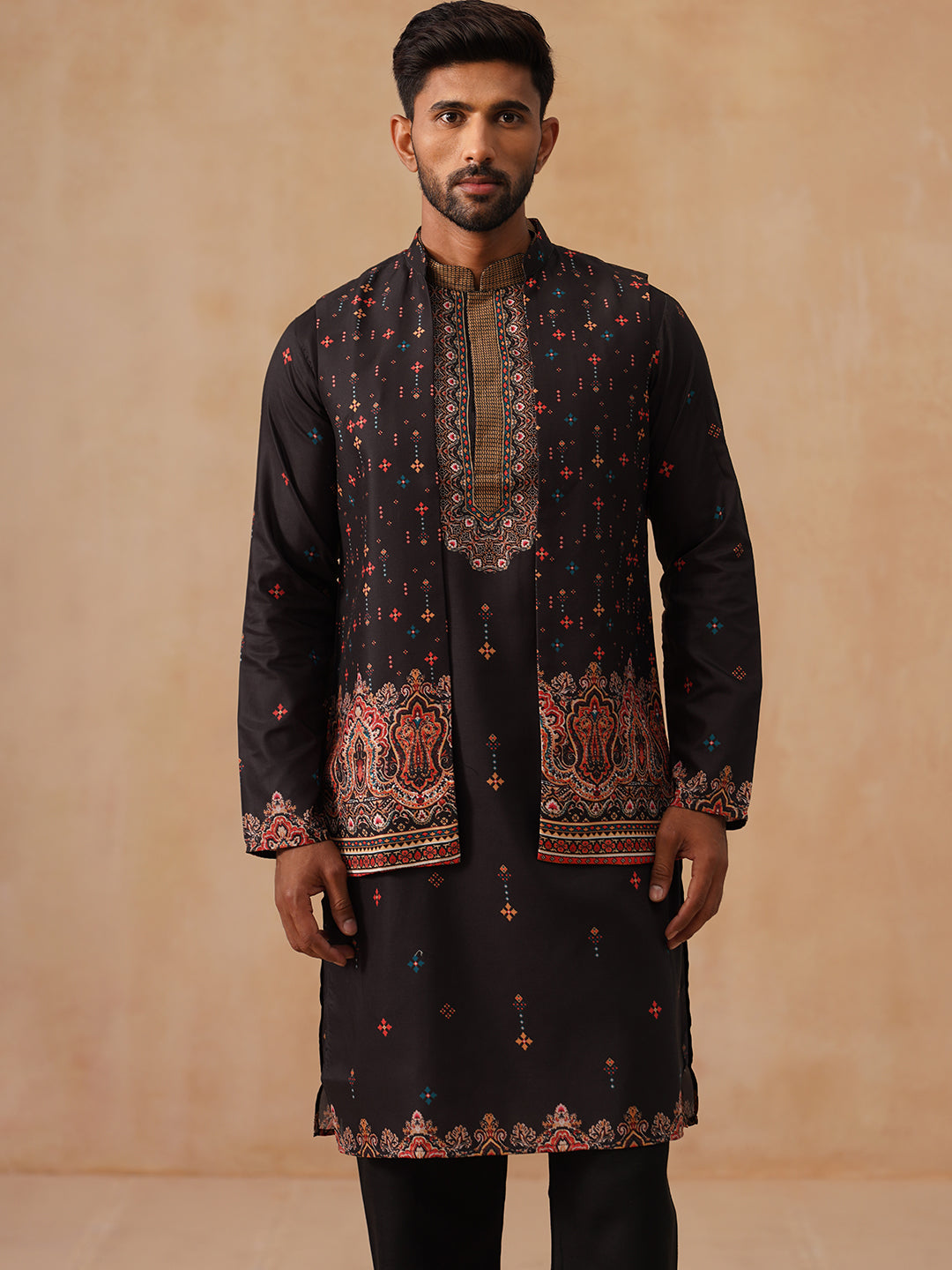 Printed Silk Blend Kurta with Matching Printed Waistcoat Set ( JOKPWCS 5301 Black ) [FF] [P-7-8]