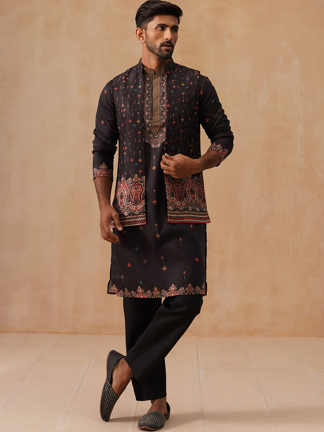 Printed Silk Blend Kurta with Matching Printed Waistcoat Set ( JOKPWCS 5301 Black ) [FF] [P-7-8]